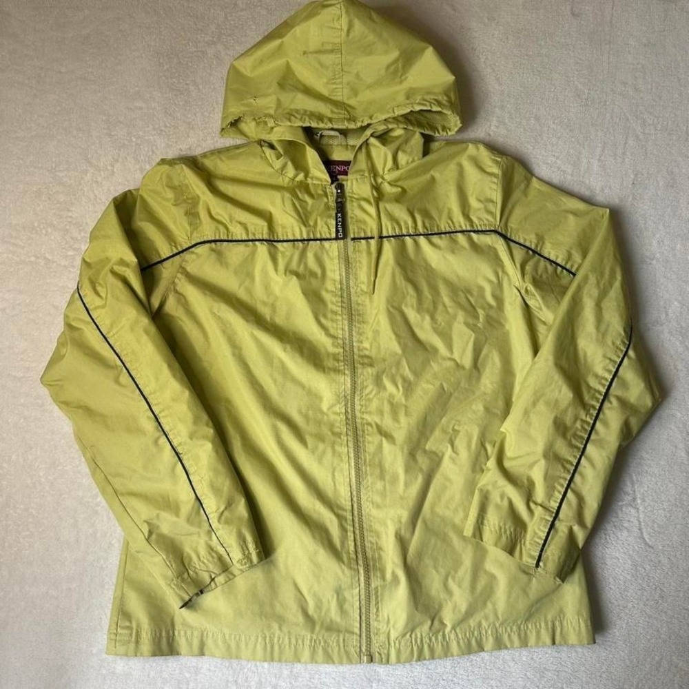 VTG Kenpo Windbreaker Jacket Hooded Lime Green Neon Full Zip Mesh Lined Medium